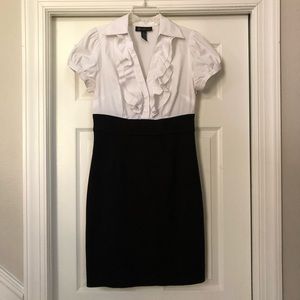 INC International Concepts White/Black Ruffle Collar Sheath Shirt Dress
